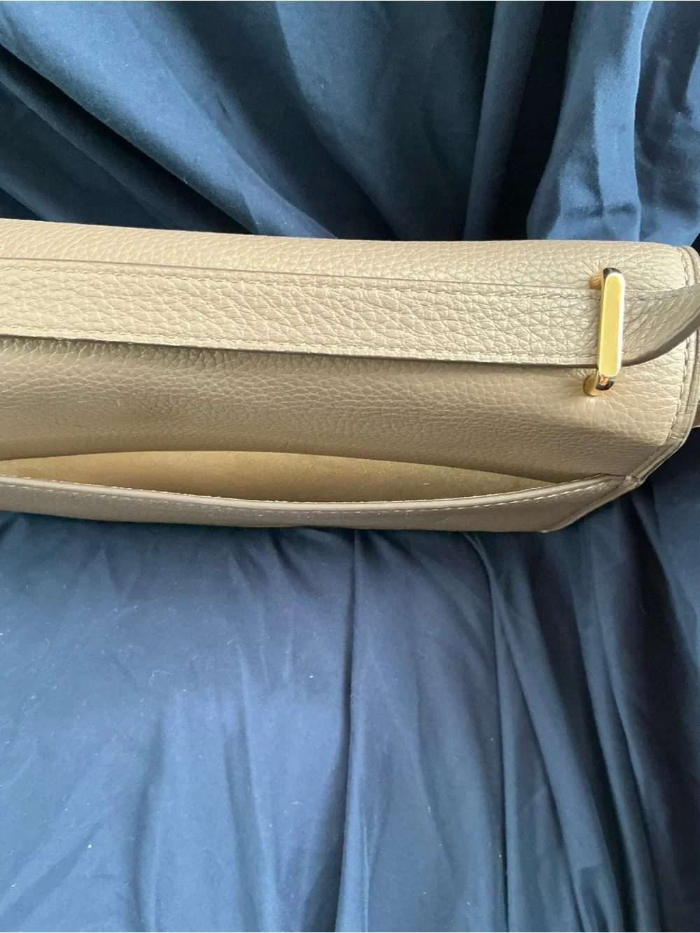 Tory Burch Pebbled Leather Crossbody with Gold Logo. Color is Mushroom
